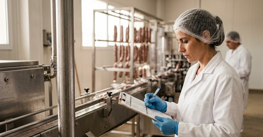 Auditora de calidad revisando un checklist de cumplimiento en una planta procesadora de alimentos